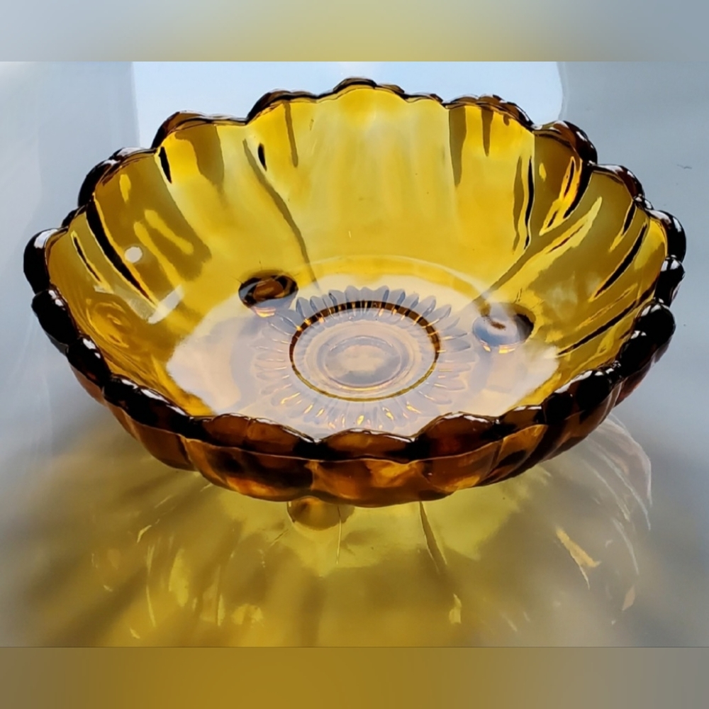 11" 🧡Vntg🌻"Petals Amber"🧡3 Toed Footed Thick 4lb 4oz Bowl by Colony🌻 - Picture 2 of 13